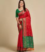 red silk blend printed saree with blouse