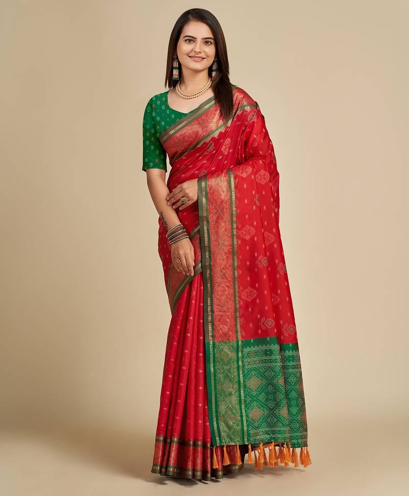 red silk blend printed saree with blouse