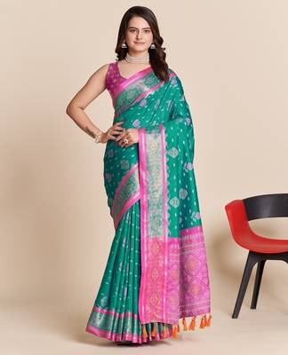 blue silk blend printed saree with blouse 1