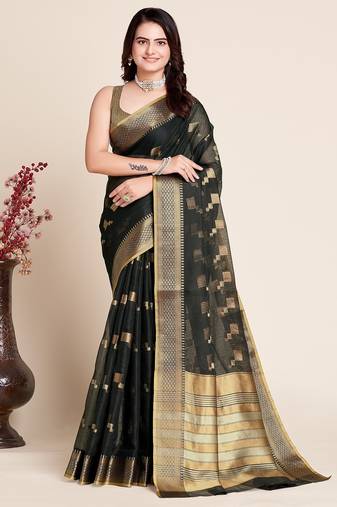 black chanderi printed saree with blouse