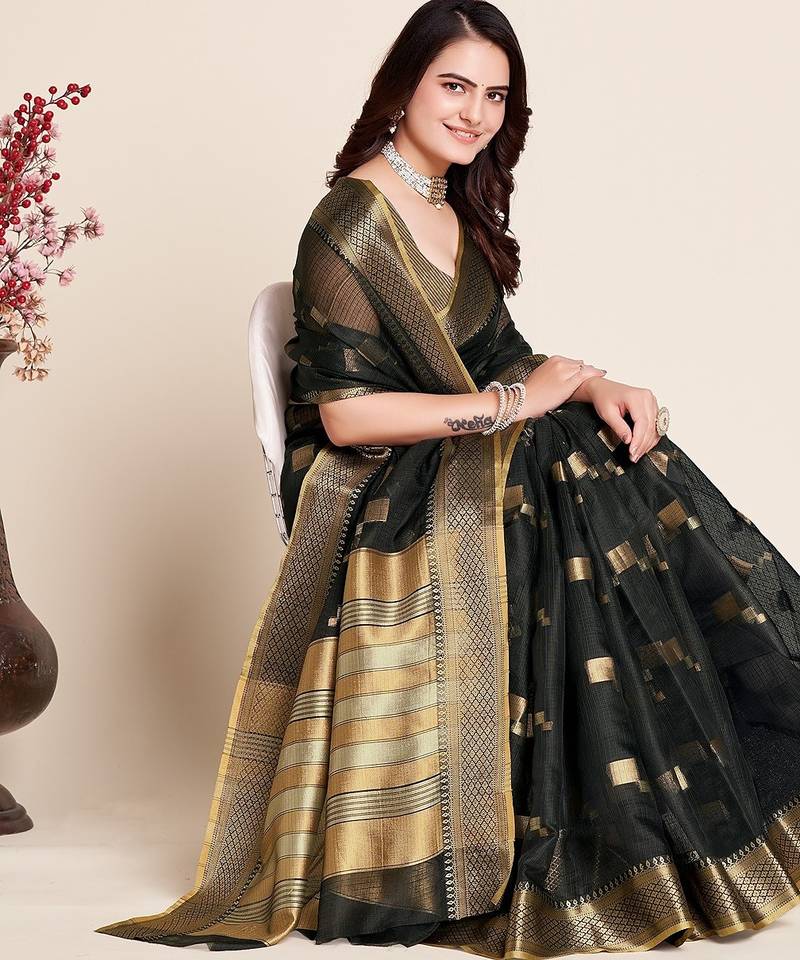 black chanderi printed saree with blouse