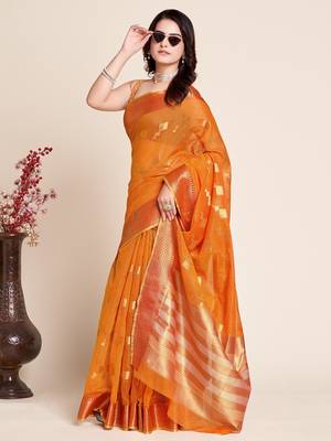 orange chanderi printed saree with blouse 2