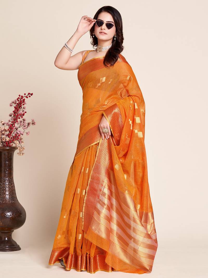 orange chanderi printed saree with blouse