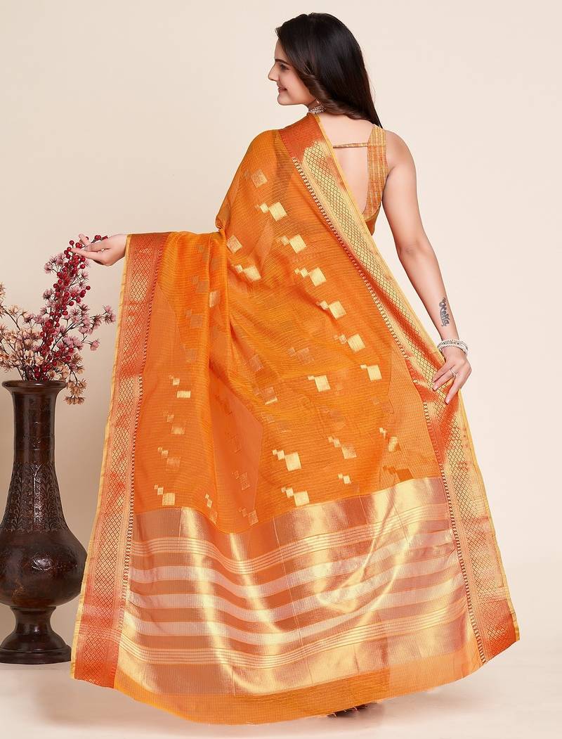 orange chanderi printed saree with blouse