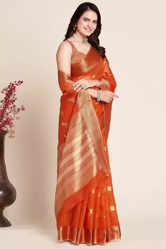 peach chanderi printed saree with blouse