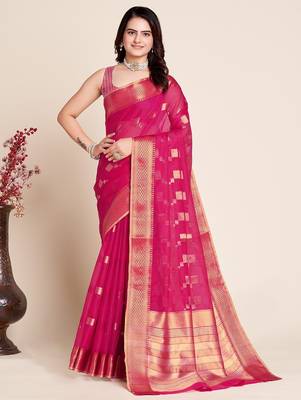pink chanderi printed saree with blouse 1