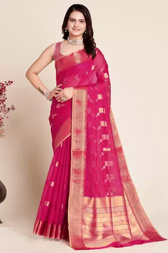 pink chanderi printed saree with blouse