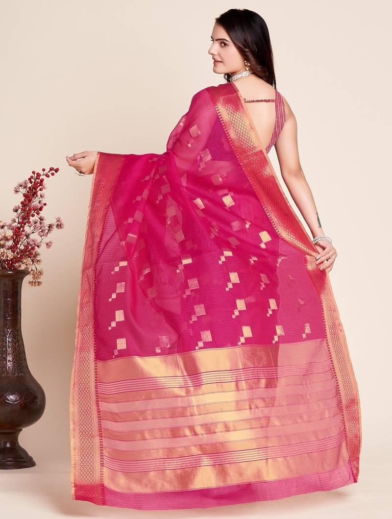 pink chanderi printed saree with blouse