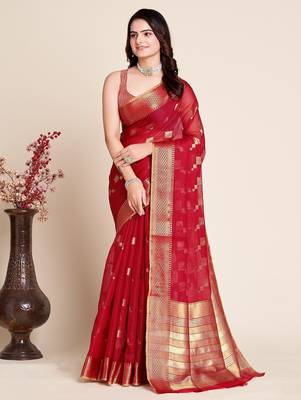 red chanderi printed saree with blouse 1