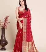 red chanderi printed saree with blouse