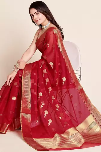 red chanderi printed saree with blouse