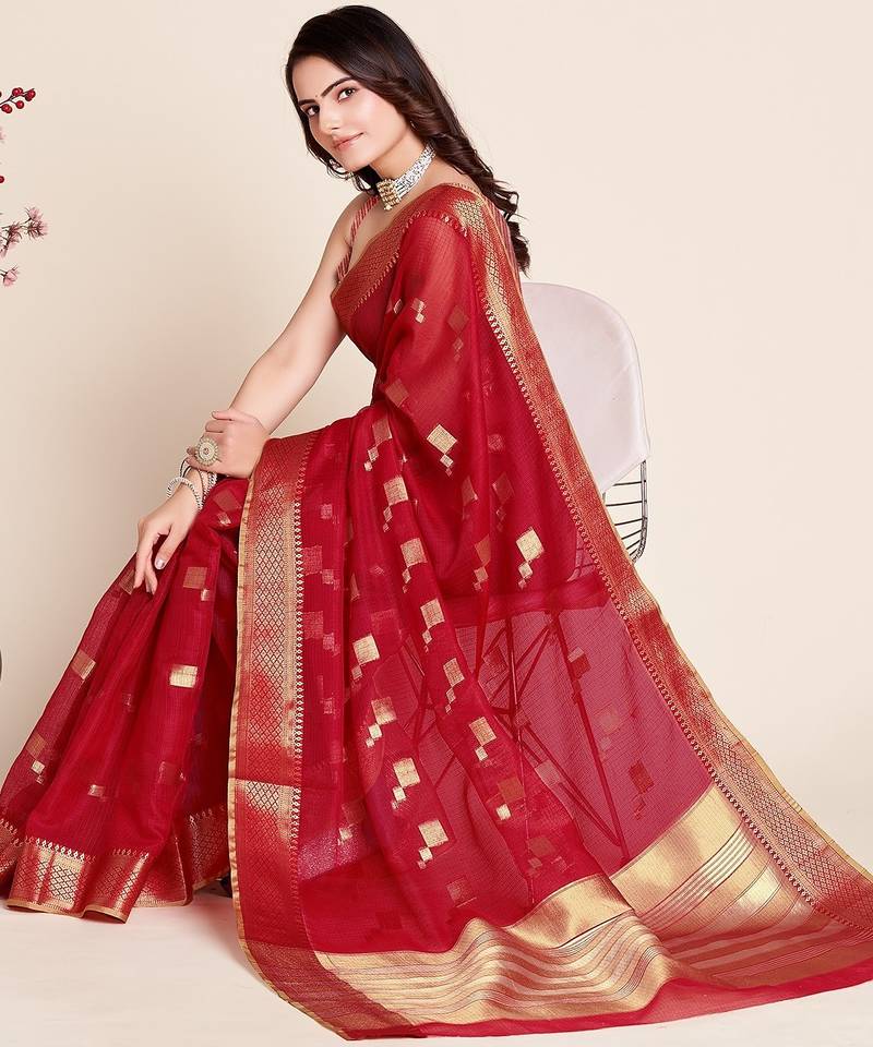 red chanderi printed saree with blouse