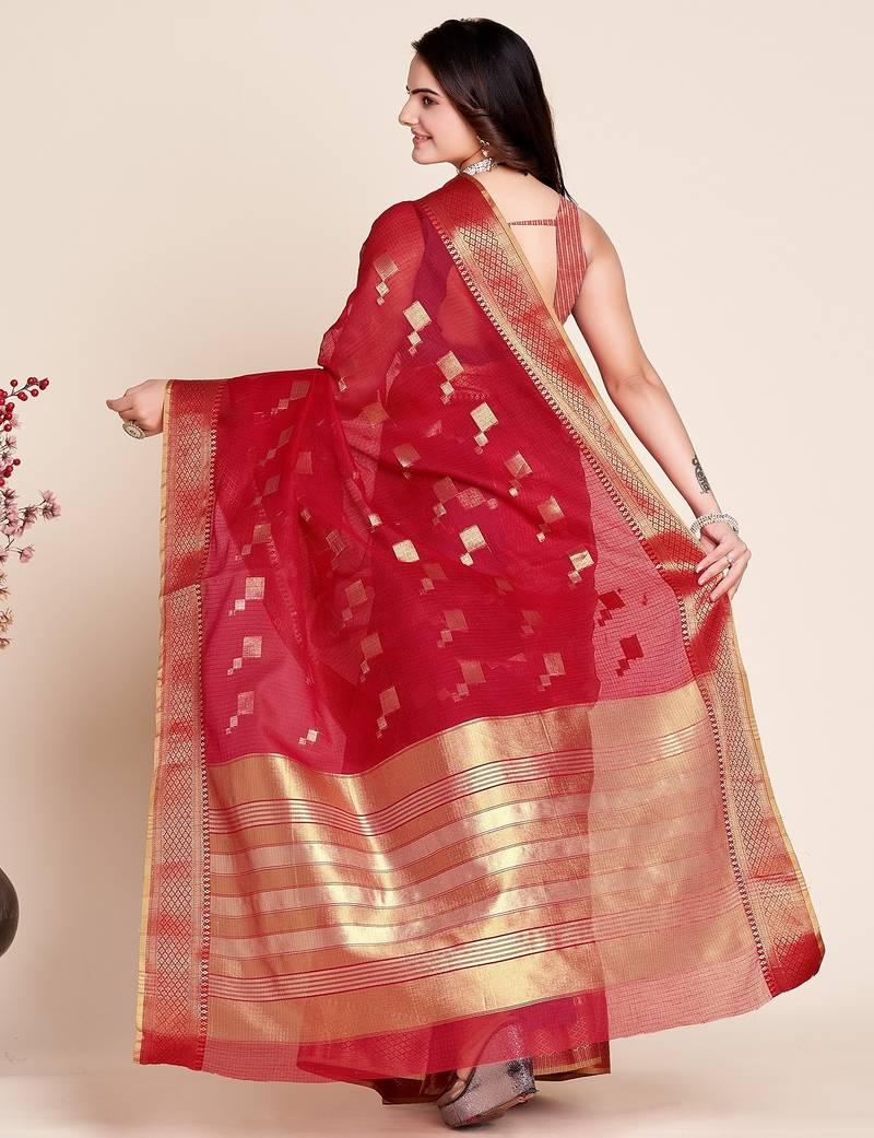 red chanderi printed saree with blouse