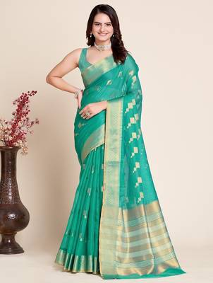 blue chanderi printed saree with blouse 1