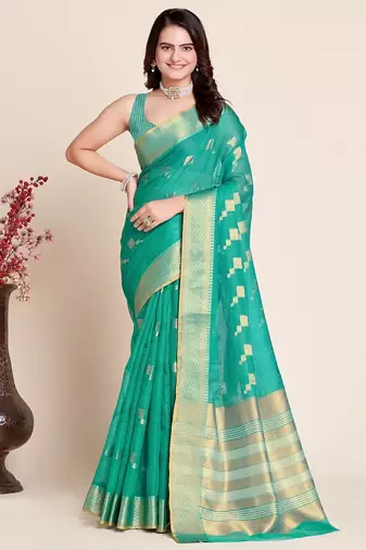 blue chanderi printed saree with blouse