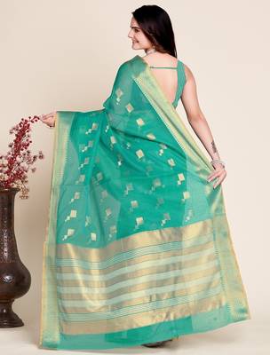 blue chanderi printed saree with blouse 2