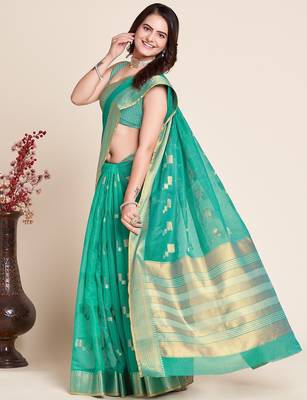 blue chanderi printed saree with blouse 3