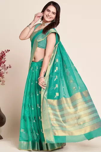 blue chanderi printed saree with blouse