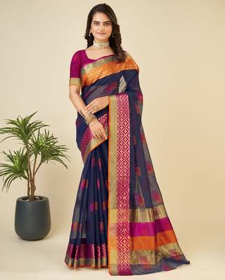 blue chanderi printed saree with blouse 1