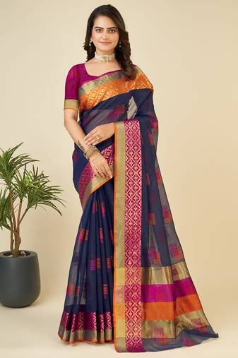 blue chanderi printed saree with blouse
