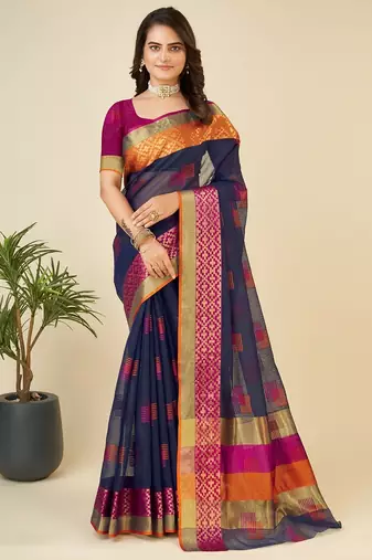 blue chanderi printed saree with blouse