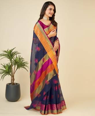 blue chanderi printed saree with blouse 2