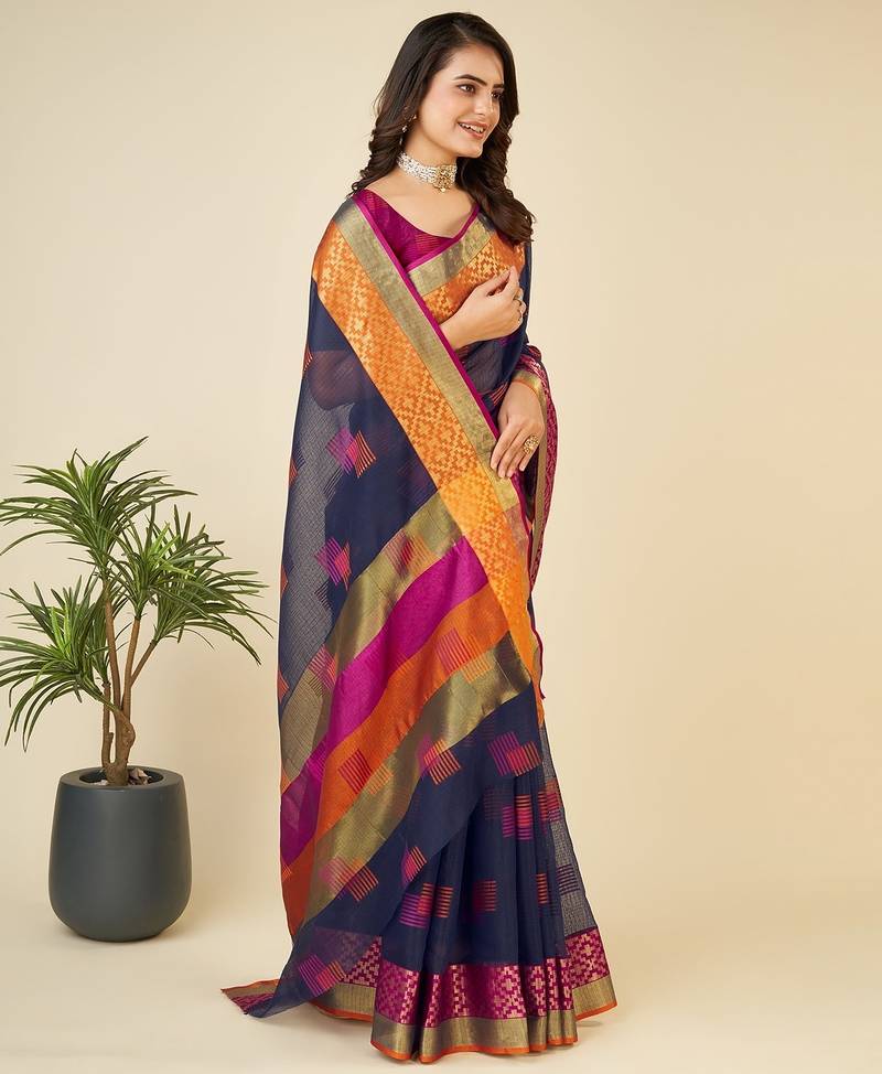 blue chanderi printed saree with blouse