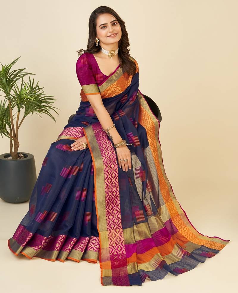 blue chanderi printed saree with blouse