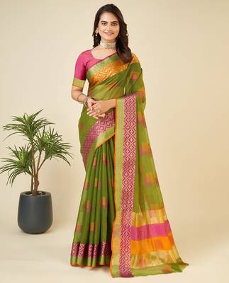 green chanderi printed saree with blouse 1