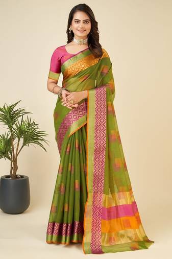 green chanderi printed saree with blouse