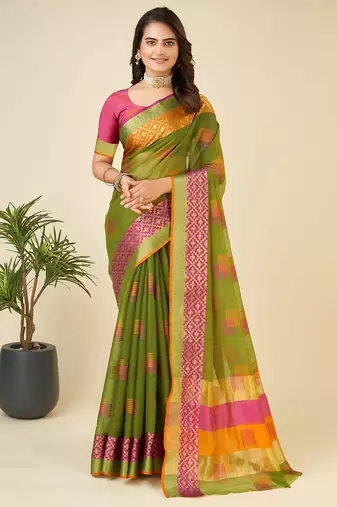 green chanderi printed saree with blouse