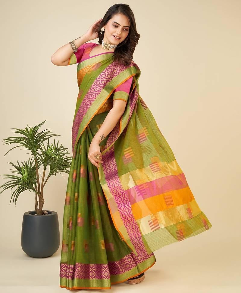green chanderi printed saree with blouse