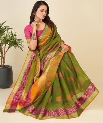 green chanderi printed saree with blouse 3