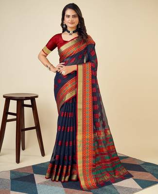 blue chanderi printed saree with blouse 1