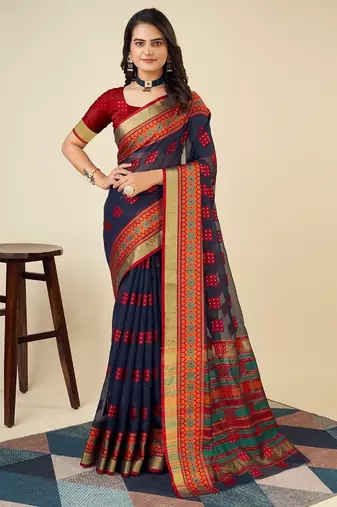 blue chanderi printed saree with blouse