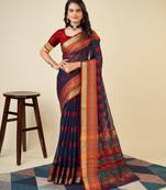 blue chanderi printed saree with blouse