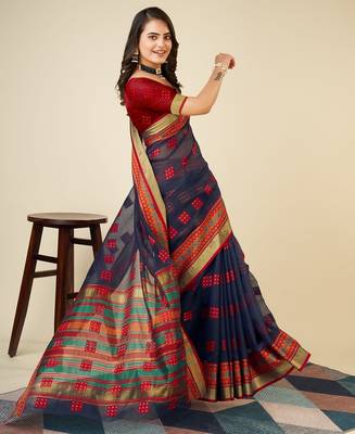 blue chanderi printed saree with blouse 2