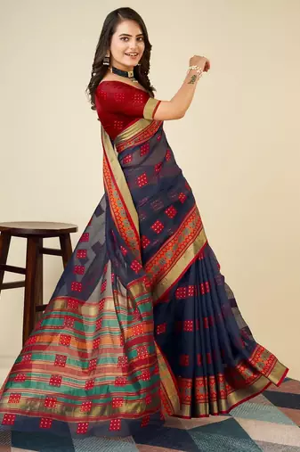 blue chanderi printed saree with blouse