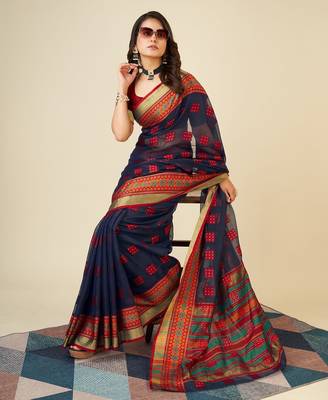 blue chanderi printed saree with blouse 3