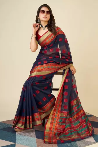 blue chanderi printed saree with blouse
