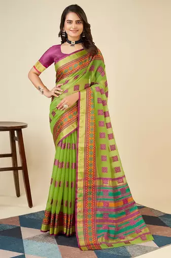 green chanderi printed saree with blouse