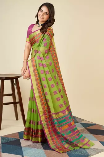 green chanderi printed saree with blouse