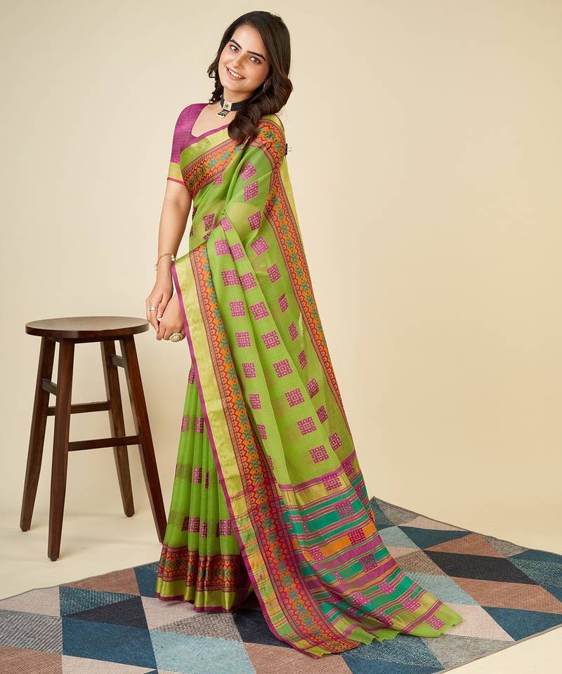 green chanderi printed saree with blouse