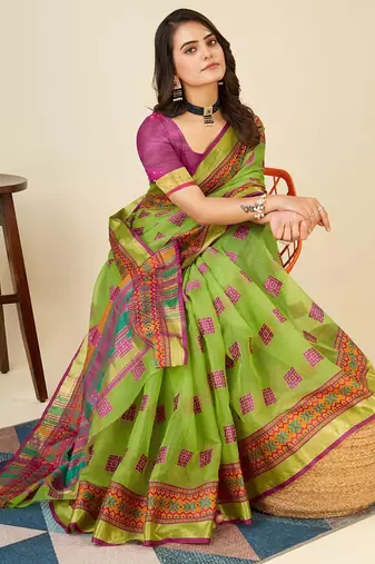green chanderi printed saree with blouse