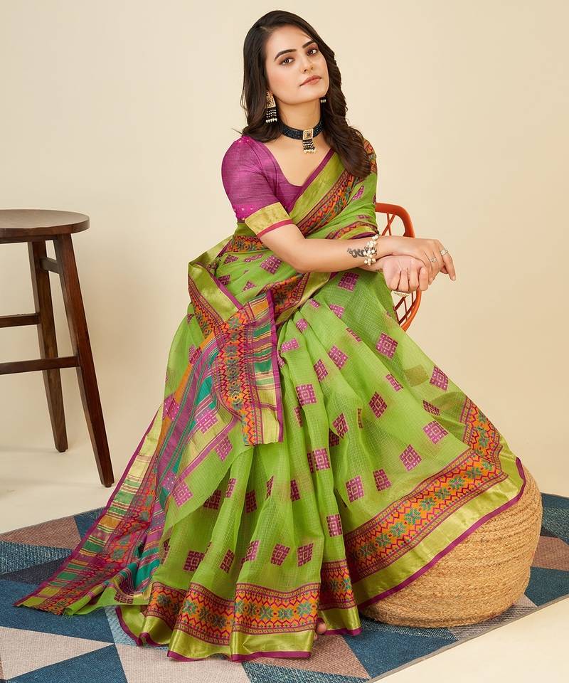 green chanderi printed saree with blouse