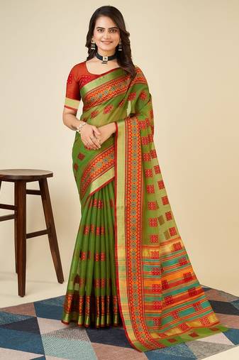 parrot green chanderi printed saree with blouse
