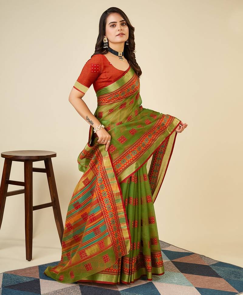parrot green chanderi printed saree with blouse