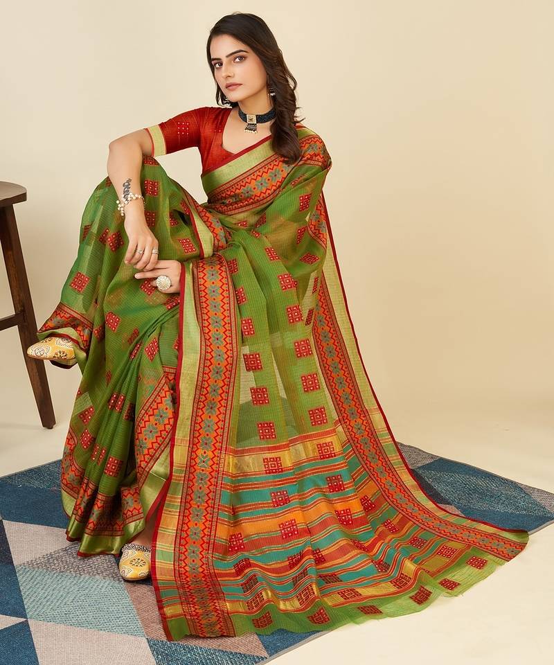 parrot green chanderi printed saree with blouse