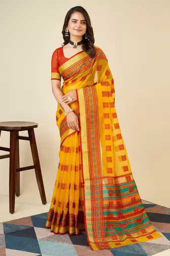 yellow chanderi printed saree with blouse
