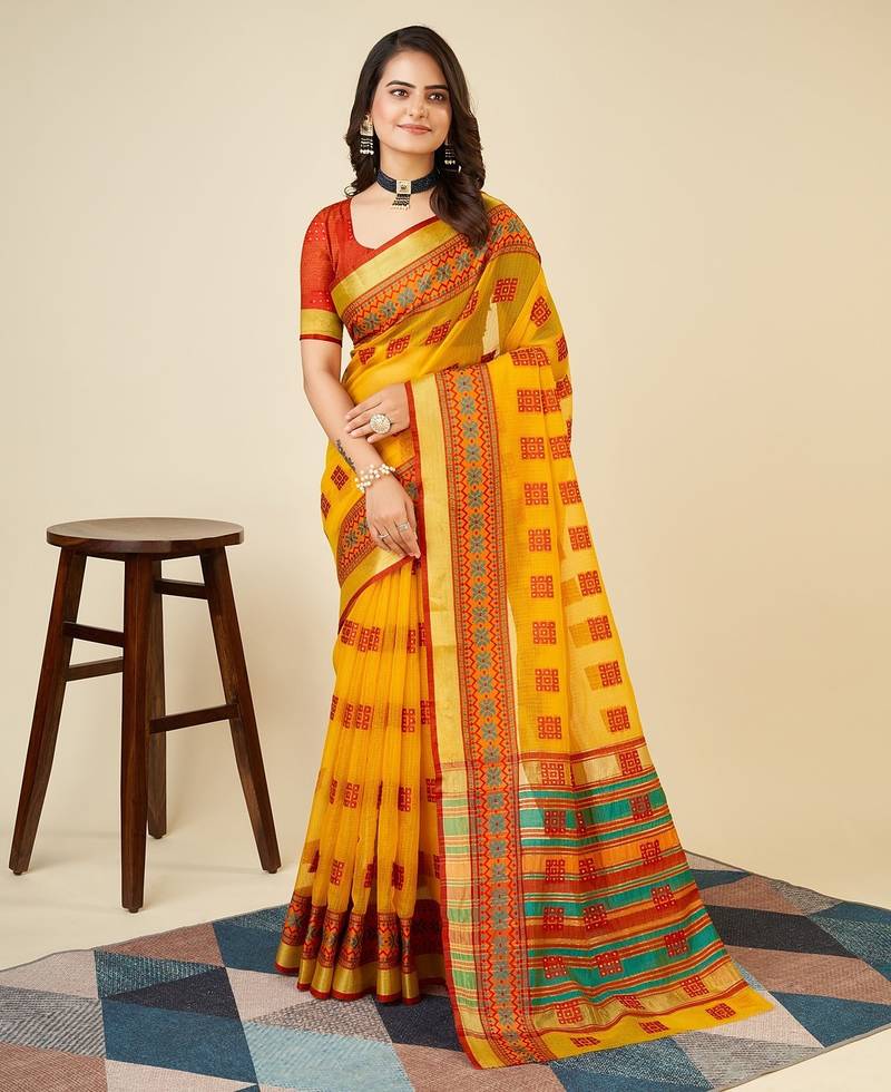yellow chanderi printed saree with blouse